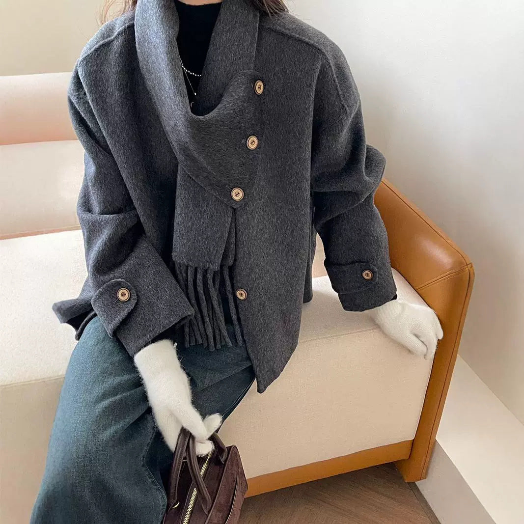 Territory frat outfits Solid Color Scarf Single Row Multi-Buckle Drop Shoulder Sleeve Double-Sided Cashmere Coat High-Grade Woolen Coat for Women Autumn and Winter New