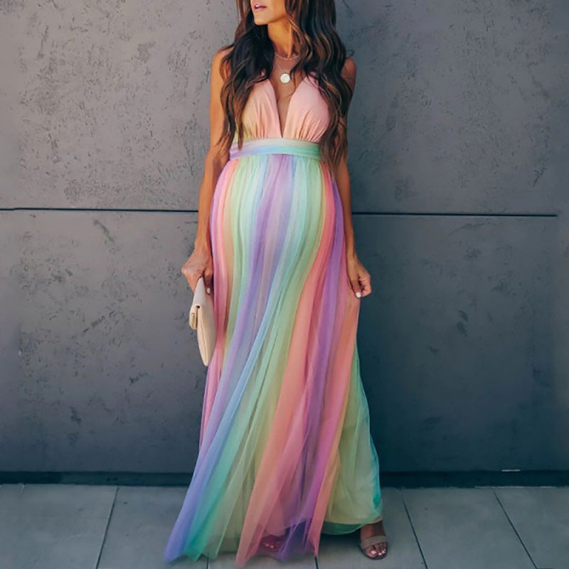 Territory colors of the rainbow dress to impress Spring and Summer New Pregnant Mother Pregnant Women Large Swing Mesh Rainbow Printing Dress