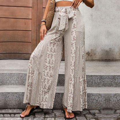 PEOPLETERRITORY 2025 summer hot sale high waist lace-up wide-leg pants, splicing ethnic style casual wide-leg trousers