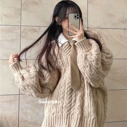 Territory college outfits Lazy Style Retro Thickened V-neck Loose Gray Twist Sweater Female Students Autumn and Winter Korean Style All-Match Sweater Fashion