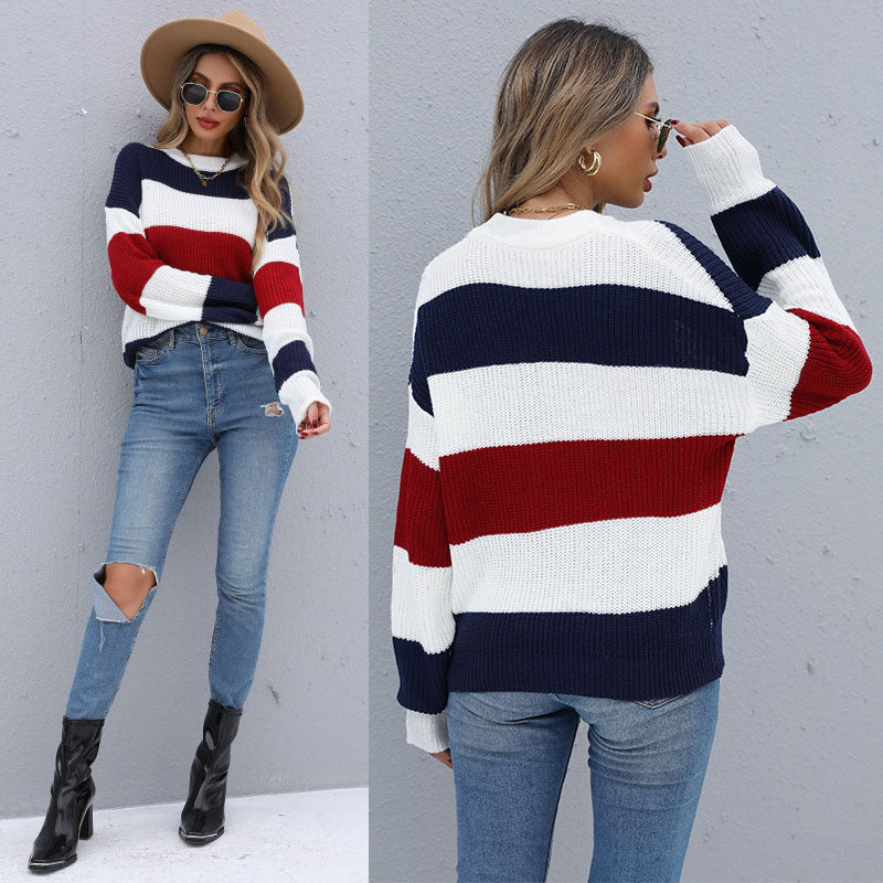 PEOPLETERRITORY New sweater popular spring and autumn new products 2025 contrasting colors striped long-sleeved new knitted sweater jumper