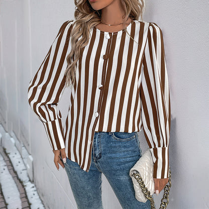 PEOPLETERRITORY  trade women's clothing New summer  V-neck single-breasted cardigan striped contrasting color long-sleeved women's shirt