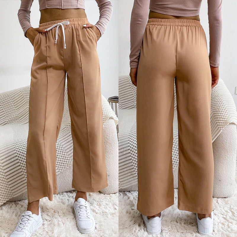 PEOPLETERRITORY New popular autumn new high-waisted nine-point pants casual pants women's solid color drawstring wide-leg pants straight-leg pants