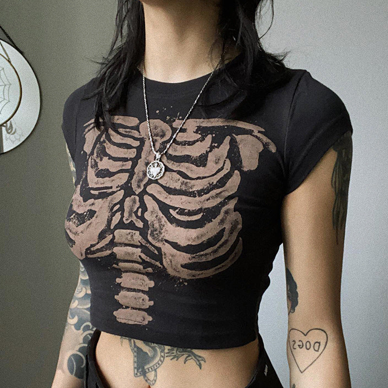 Territory 90s streetwear American Retro Dark Style round Neck Skeleton Printed Slim High Waist Navel Women's T-shirt