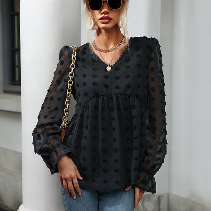 PEOPLETERRITORY popular Spring Cross-border Women's Clothing V-Neck Pullover Mesh Hairball Jacquard Top  New Long Sleeve Shirt