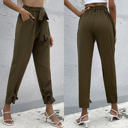 PEOPLETERRITORY New Popular trade 2023 summer new casual solid color high waist lace-up 2025 foot pants women's wholesale