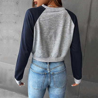 PEOPLETERRITORY popular new spring and autumn college style shoulder sleeves BM 2025 Popular trade color matching short navel round neck pullover sweater