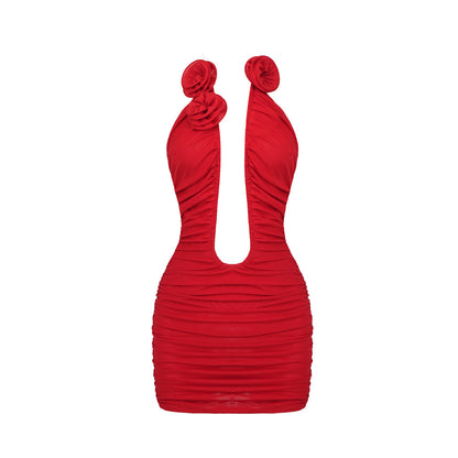 PEOPLETERRITORY 2023 new red hollow pleated mesh tube top skirt temperament sexy backless dress summer New women's clothing