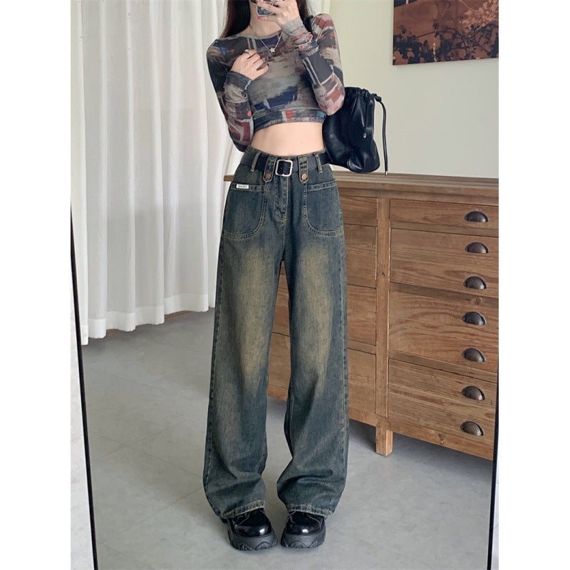 Territory frat boy outfits Autumn New plus Size High Waist Straight Slimming Versatile Draping Fashion Narrow Denim Wide Leg Pants