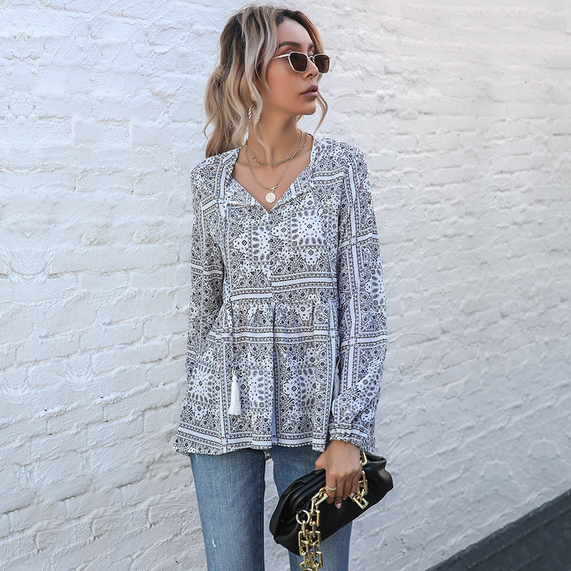 PEOPLETERRITORY popular  New explosive shirt spring 2025 long-sleeved printing v-neck fringed ethnic style shirt women