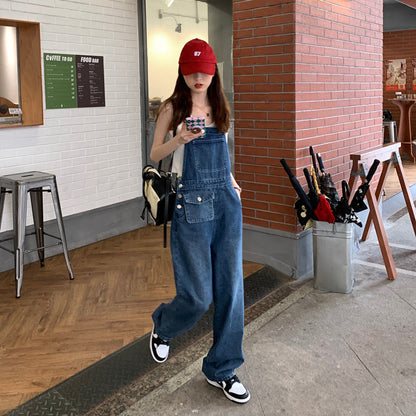 Territory 90s streetwear American Retro Suspender Jeans Women's Spring New Loose Slimming Straight Age-Reducing Wide Leg Ins Trousers