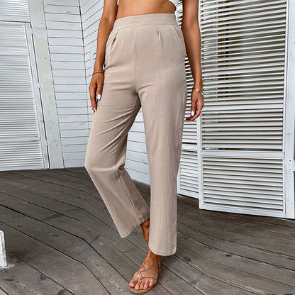 PEOPLETERRITORY New Popular trade popular new summer 2025 pants cotton and linen pants high waist solid color nine-point straight pants women