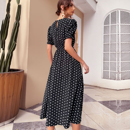 PEOPLETERRITORY New summer new 2025 popular medium and long dresses retro short-sleeved polka dot dresses cross-border pocket skirts