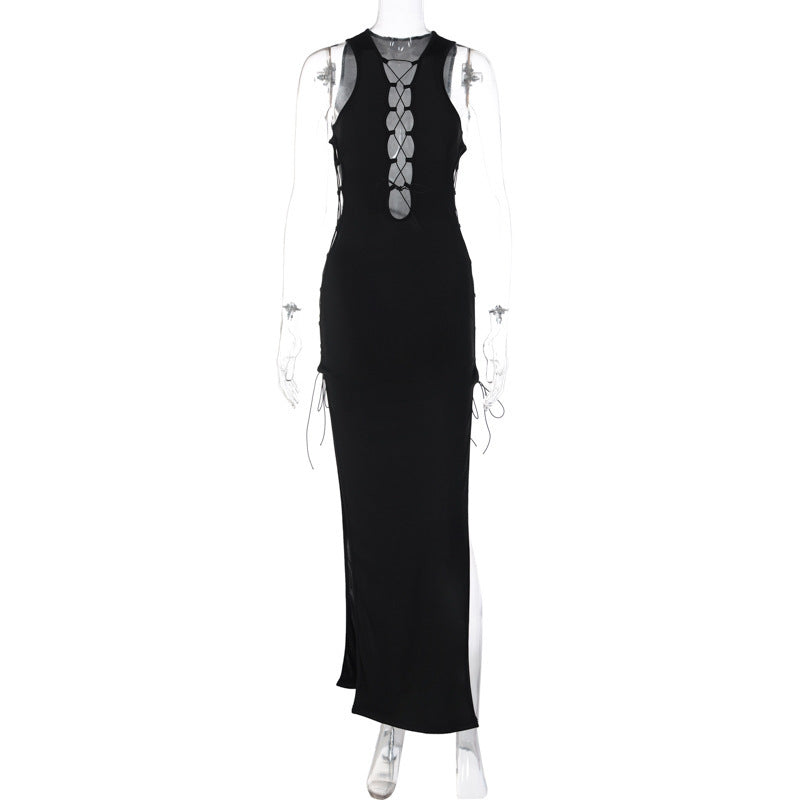 Territory cybergoth dress to impress Style Women's Spring New Sleeveless Hollow Lace-up Sexy Slit Mid-Length Dress