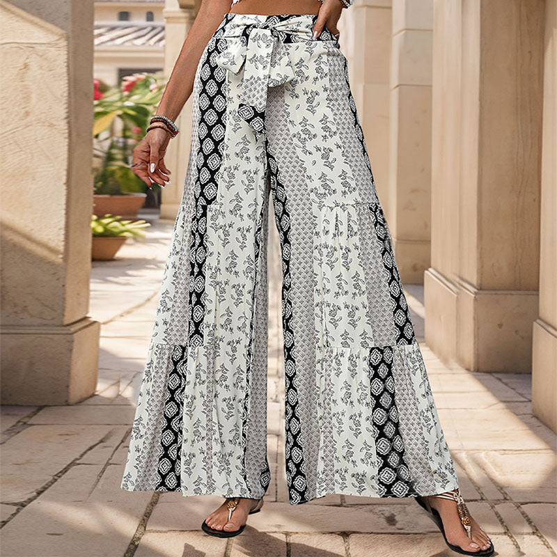 PEOPLETERRITORY 2025 summer hot sale high waist lace-up wide-leg pants, splicing ethnic style casual wide-leg trousers