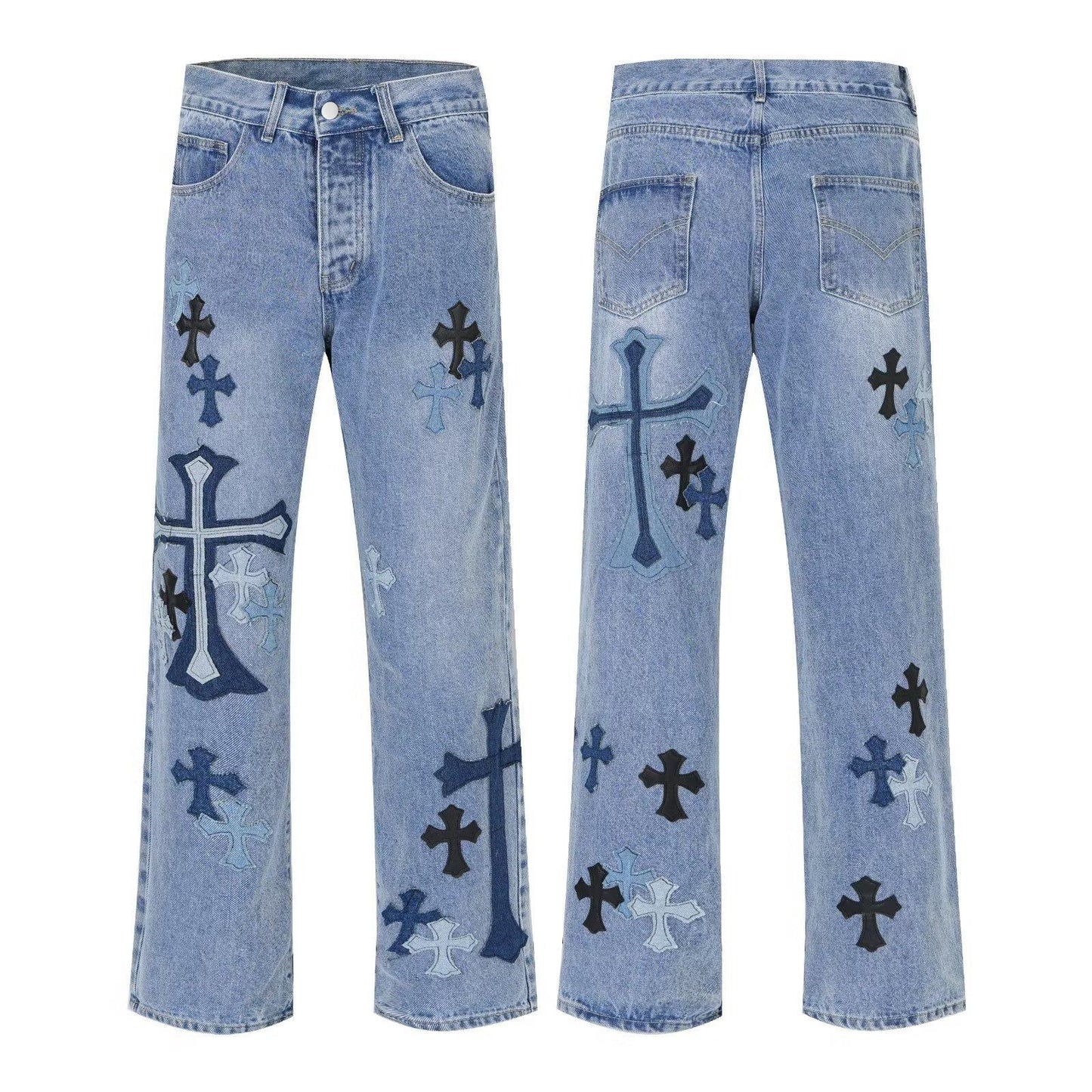 Territory 90s streetwear American High Street Original Patch Cross Embroidered Jeans Men's and Women's National Fashion All-Match Slim Slimming Long Pants Fashion