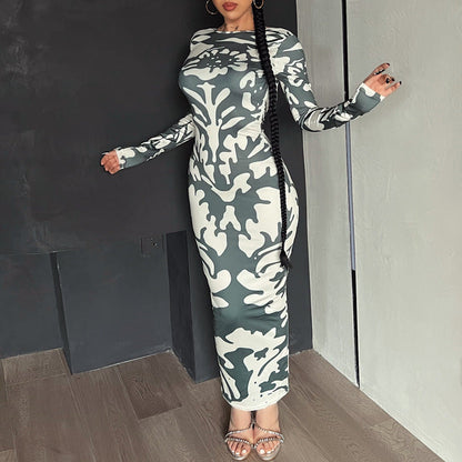 Territory dress to impress outfits Women's 2024 New Autumn Fashion Printed Slim Backless Long Sleeve Dress Women