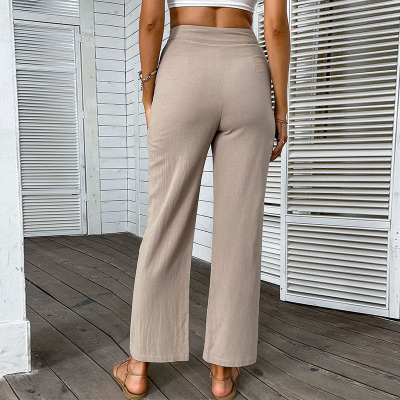 PEOPLETERRITORY New Popular trade popular new summer 2025 pants cotton and linen pants high waist solid color nine-point straight pants women