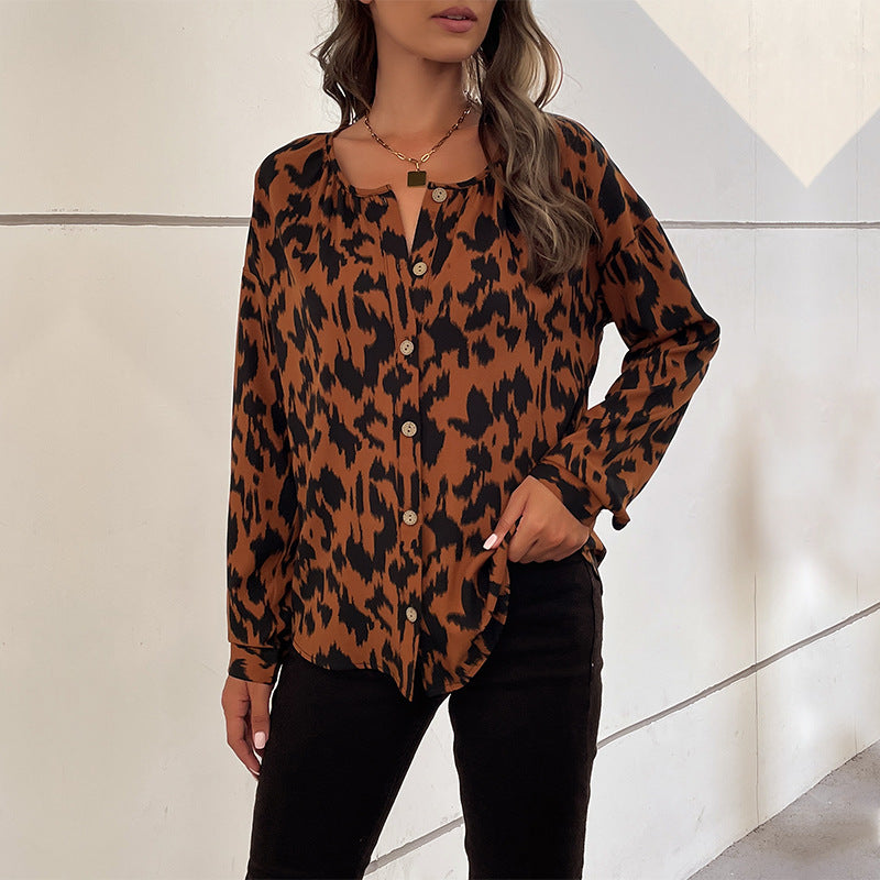 PEOPLETERRITORY Cross-border  popular Spring and Autumn New Hot Trade 2025 Commuter Top Long Sleeve Leopard Print Design Shirt Women