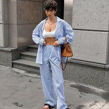 Territory outfit inspo Fall 2024 Blue Striped Long-Sleeved Trousers Women's Home Wear Comfortable Casual Pajamas Two-Piece Set