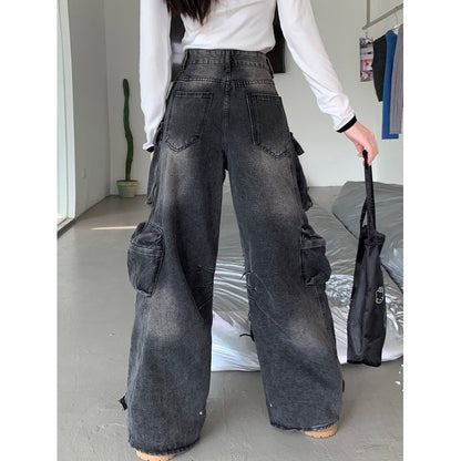 Territory non binary outfits American-Style Washed Worn Multi-Pocket Workwear Jeans Women's Street Straight Loose Wide-Leg Trousers