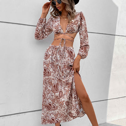 PEOPLETERRITORY New New Spring New Suit Vacation Style Women's Clothing Sexy Temperament Lace-up Long Sleeve Floral Dress