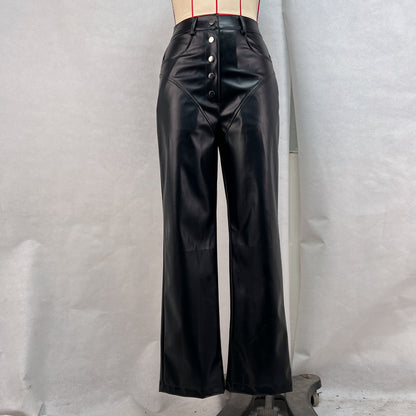 PEOPLETERRITORY 2025 New women's clothing popular  autumn and winter high-waisted leather splicing trousers women's casual pants leather pants