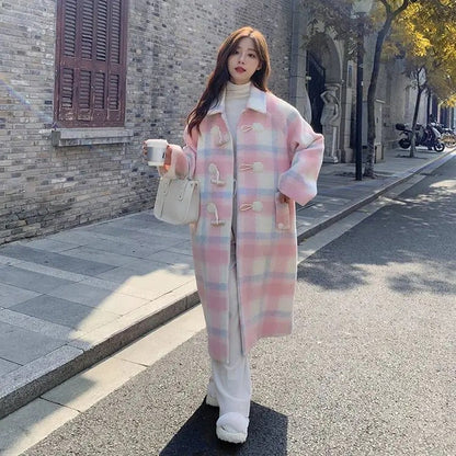 Territory comfy school outfits Korean Style College Style Coat Women's Autumn and Winter 2024 New Pink Horn Buckle Woolen Coat Temperament Chanel Style Coat