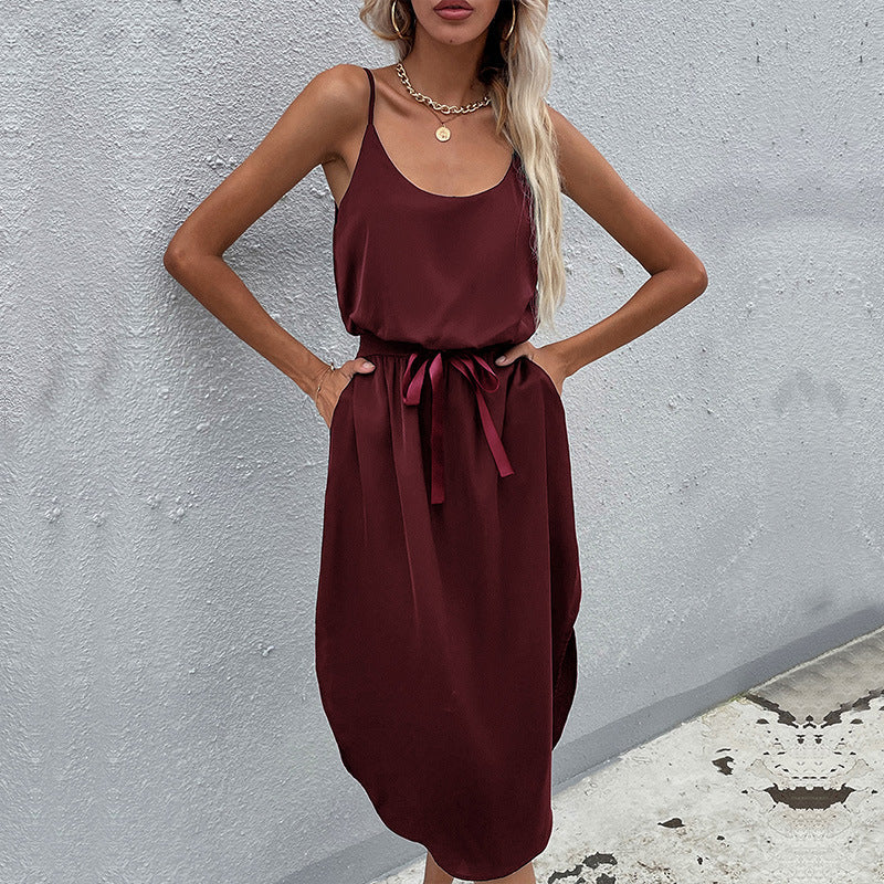 PEOPLETERRITORY New spring and summer 2025 trade cross-border women's clothing  new skirt solid color casual split suspender dress