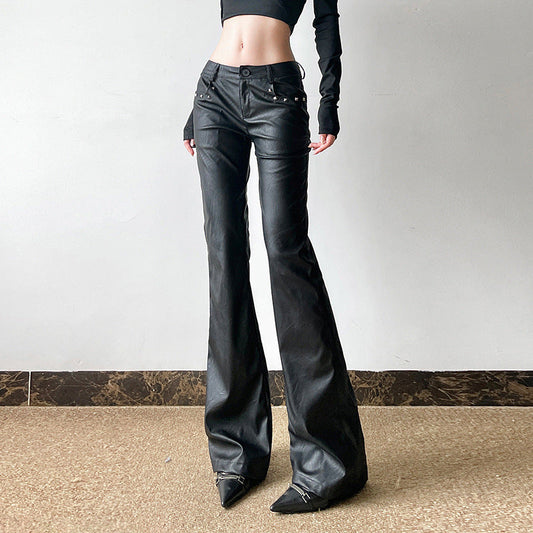 Territory barn jacket outfits Dark Sweet and Spicy Rivet Decorative Leather Casual Pants Sexy Low Waist Flared Pants 2024 American Street Shooting New Leather Pants