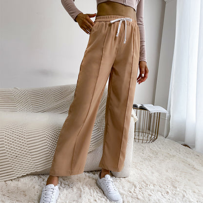 PEOPLETERRITORY New popular autumn new high-waisted nine-point pants casual pants women's solid color drawstring wide-leg pants straight-leg pants