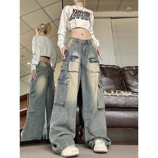 Territory 90s streetwear American Retro High Street Wide Leg Workwear Jeans Women's Autumn New Low Waist Design Loose Slimming Pants Fashion