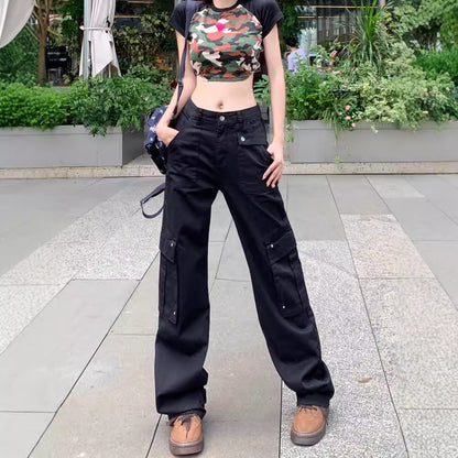 Territory outfit inspo Retro Black Workwear Jeans Women's Summer Straight Wide-Leg Trousers Niche Multi-Pocket Washed Mop Pants Fashion