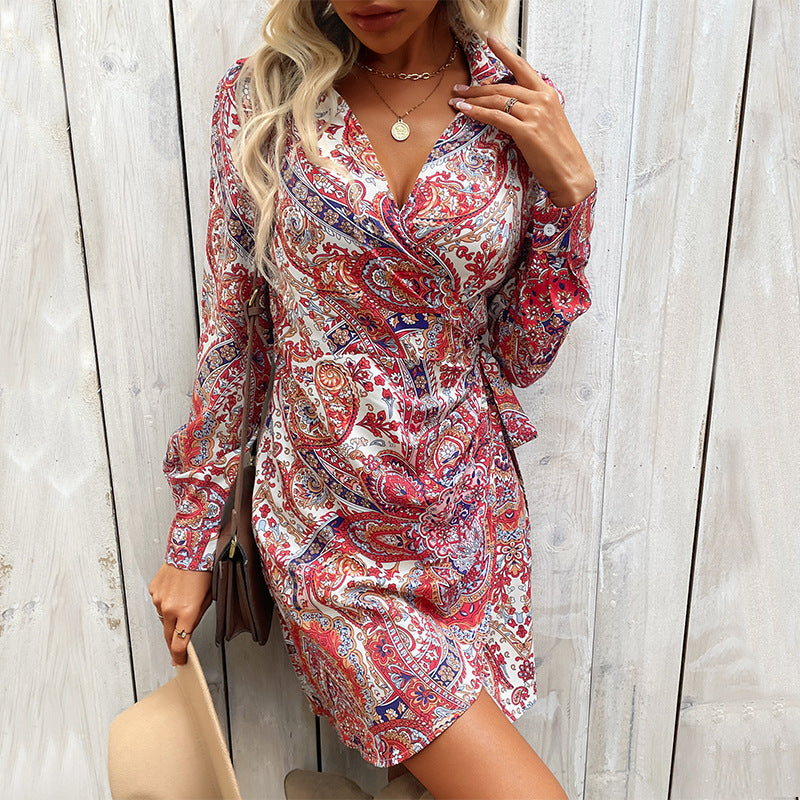 PEOPLETERRITORY New New Spring and Autumn New Sexy 2025 Women's Clothing Wrap Lace-up Ethnic Style Printed Dress