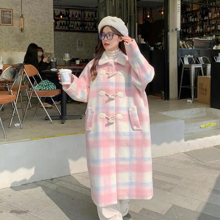 Territory comfy school outfits Korean Style College Style Coat Women's Autumn and Winter 2024 New Pink Horn Buckle Woolen Coat Temperament Chanel Style Coat