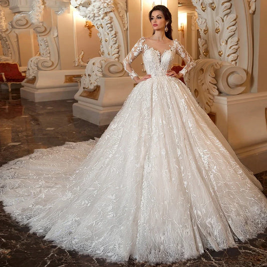 Territory Sexy A-line V-neck Bespoke Wedding Dress Italian Exquisite Lace White Tulle Long Sleeve Train Button Bride Dress