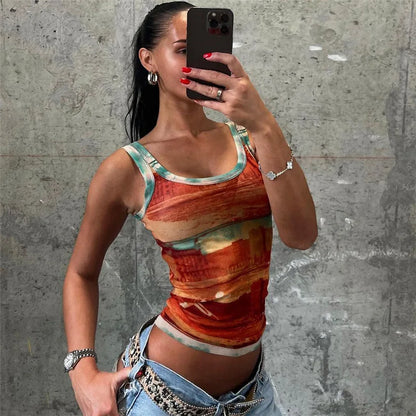 Territory Fashion Printed Mesh Sheer Crop Top Streetwear Graphic Tank Tops Sexy Y2k Summer Clothes Women 2024 Spicy Girl Outfits