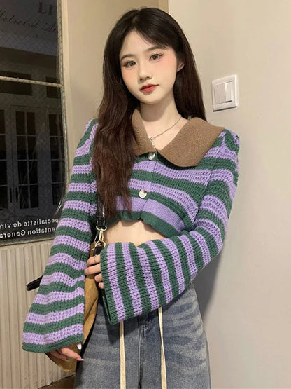 Territory Sexy Cropped Striped Cardigan Women Fashion Flare Sleeve Loose Knitted Sweaters Casual Autumn Korean Lazy Wind Lady Outwear