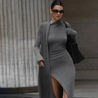 Territory Asymmetrical Knit Long Dresses For Women Winter Fashion Kendall Outfits Gray Black Sexy Long Sleeve Slit Dress