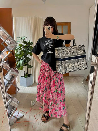 Territory Romantic Peach Blossom Print Ruched Skirts Y2k E-Girl Elastic Waist Skirt for Women Summer New Mid-length Loose Faldas Mujer