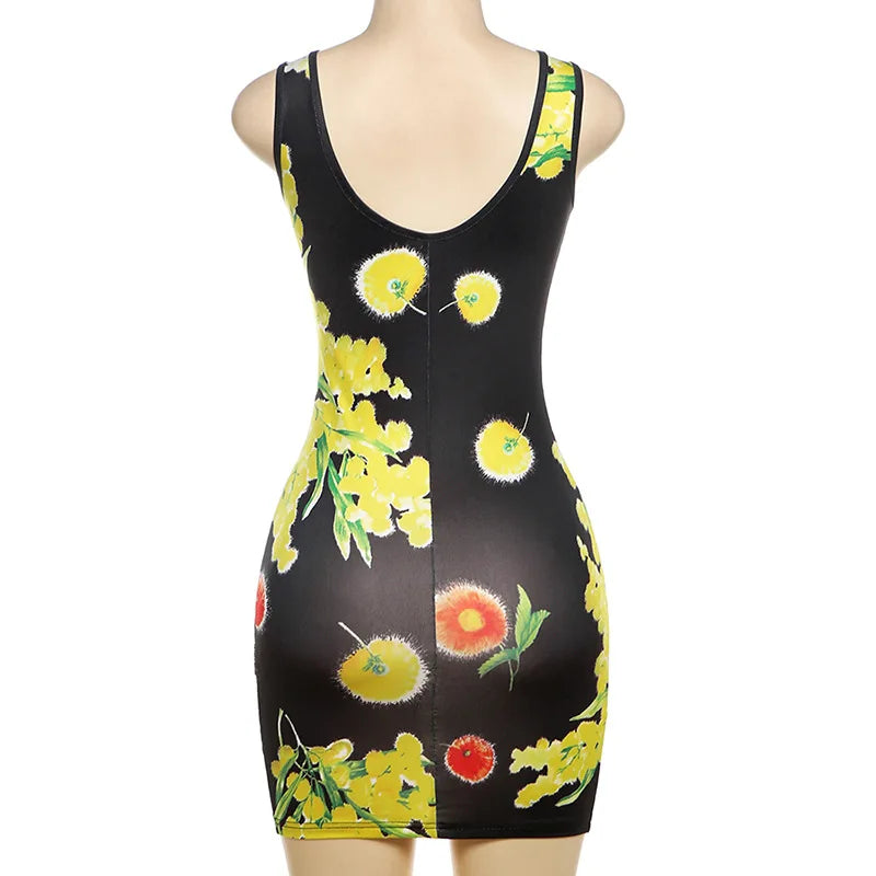 Territory Flower Print Sleeveless Mini Bodycon Women's Dress Vacation Summer Dresses For Woman 2024 Sexy Kylie Jenner Y2K Outfits