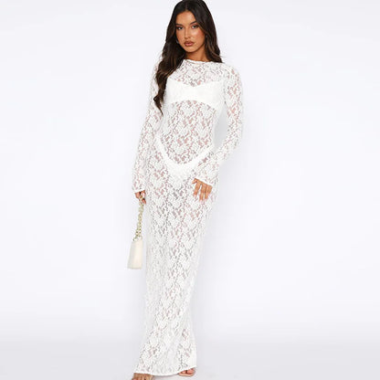 Territory Black Floral Lace See Through Maxi Dress Elegant Sexy Women Photoshoot Long Sleeve White Party Dresses Y2K Hollow Out