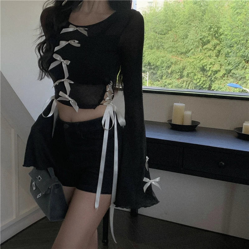 Territory High Street Fashion Bow Stitching Mesh Long-sleeved T-shirt Women Autumn New O-neck Sexy Slim Lace-up Black Crop Tops