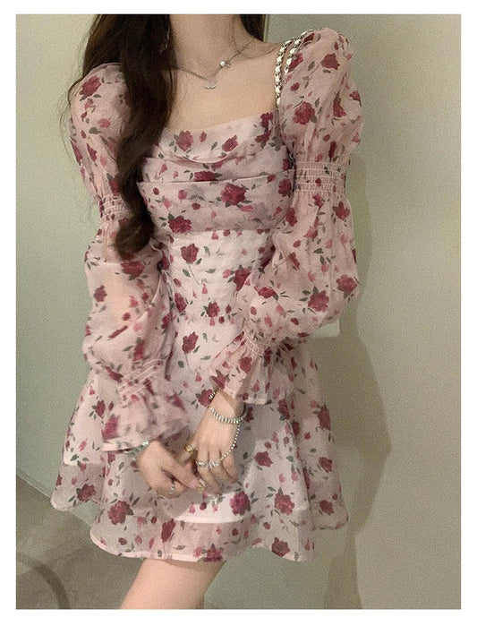 Territory Autumn Vintage Sweet Dress Women Chiffon Floral Bodycon Mini Dress Female korean Party Beach Long Sleeve Casual Dresses