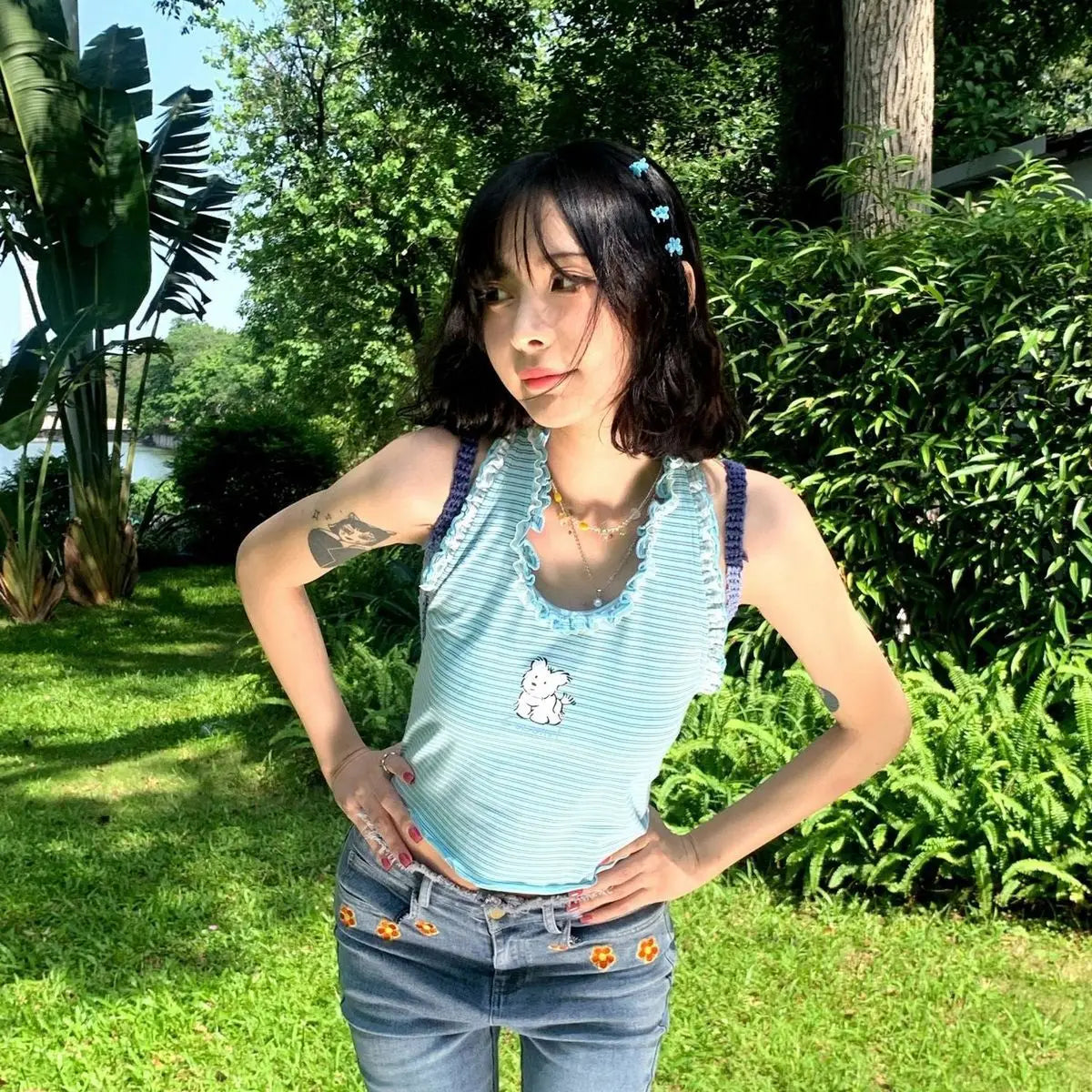 Territory Japanese Kawaii Style Halter Tops Women Harajuku Fashion Cute Dog Print Tank Top Y2k Sweet Blue Striped Crop Top Summer