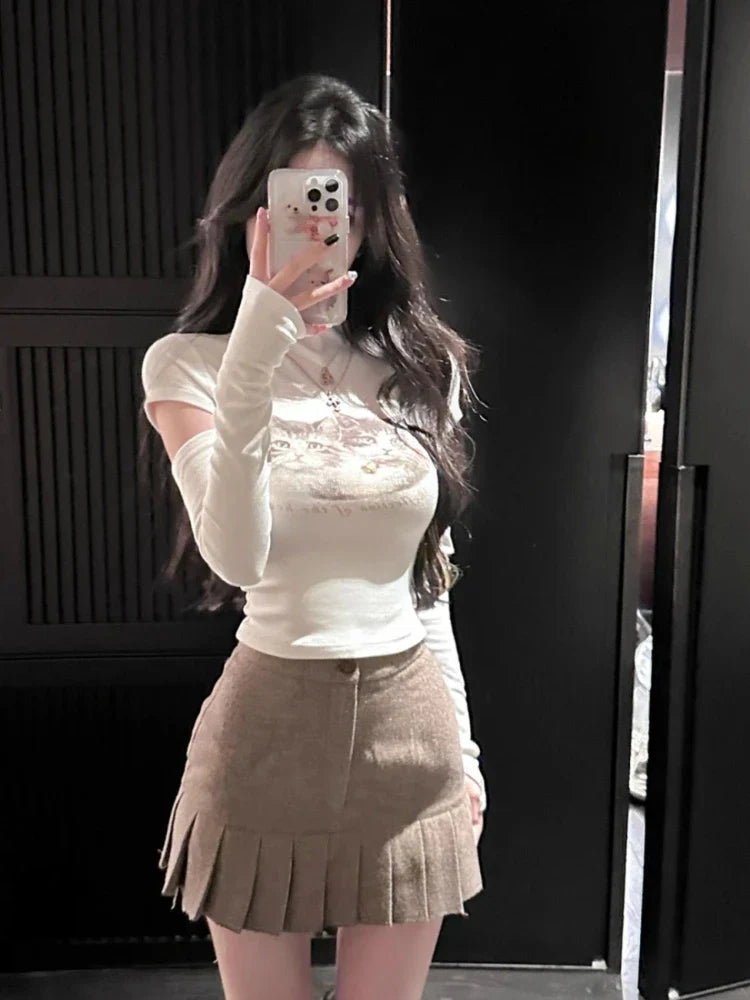 Territory Gyaru Cute White T-shirts Women Coquette Korean Style Hollow Out Long Sleeve Tees Sweet Harajuku Cat Slim Corset Tops