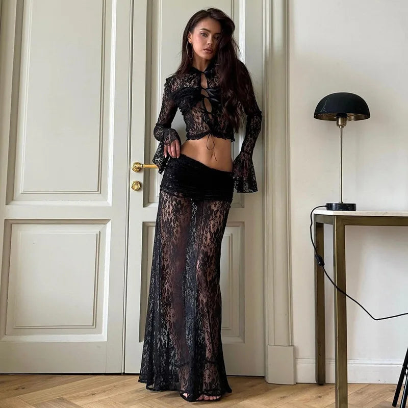 Territory Lace Sexy See Through Long Skirt Suits For Women Bow Full Sleeve Crop Top And Elegant Splice Skirt Beach Party Outfits