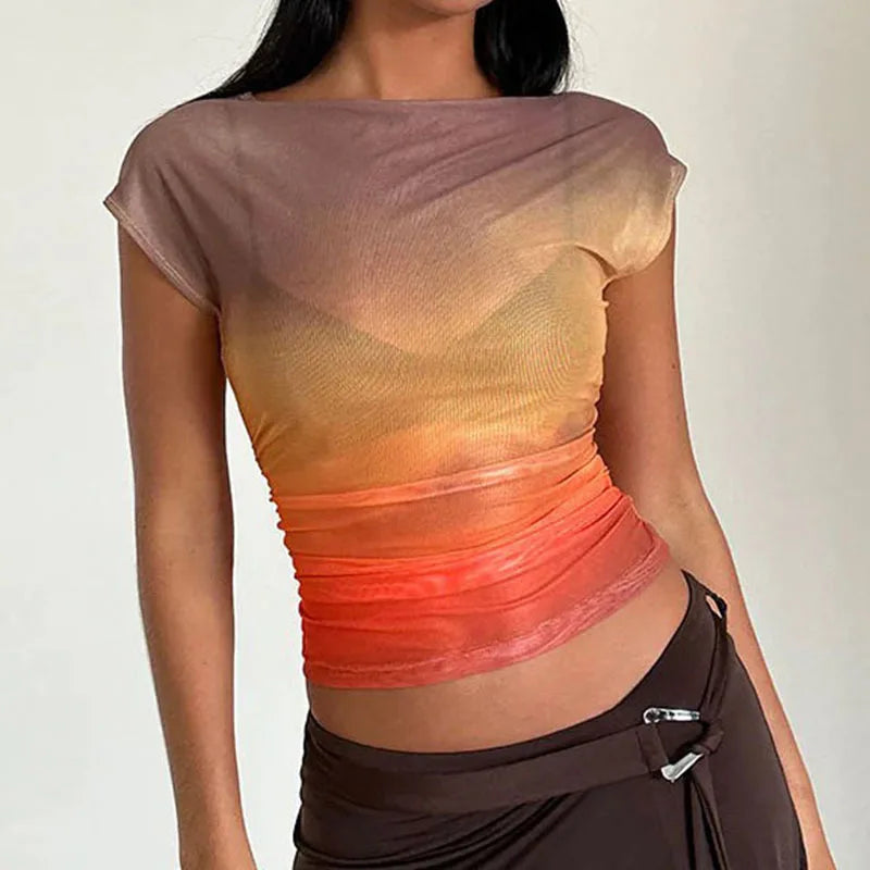 Territory Sexy Gradient Printed Cropped T Shirt See Through Slim O-Neck Short Sleeve Tees Women 2024 Summer Fashion Streetwear