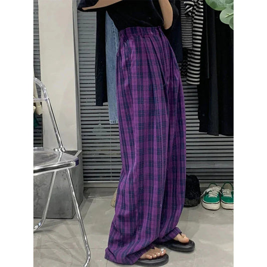 Territory  Vintage Plaid Wide Leg Pants Women High Waist Straight Casual Trousers Harajuku Korean Fashion Loose All Match Full Length