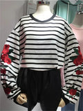 Territory  Harajuku Hoodies Roses Embroidery Lantern Sleeve Loose Striped Women Sweatshirt Girl Vintage Elegant Casual Tops